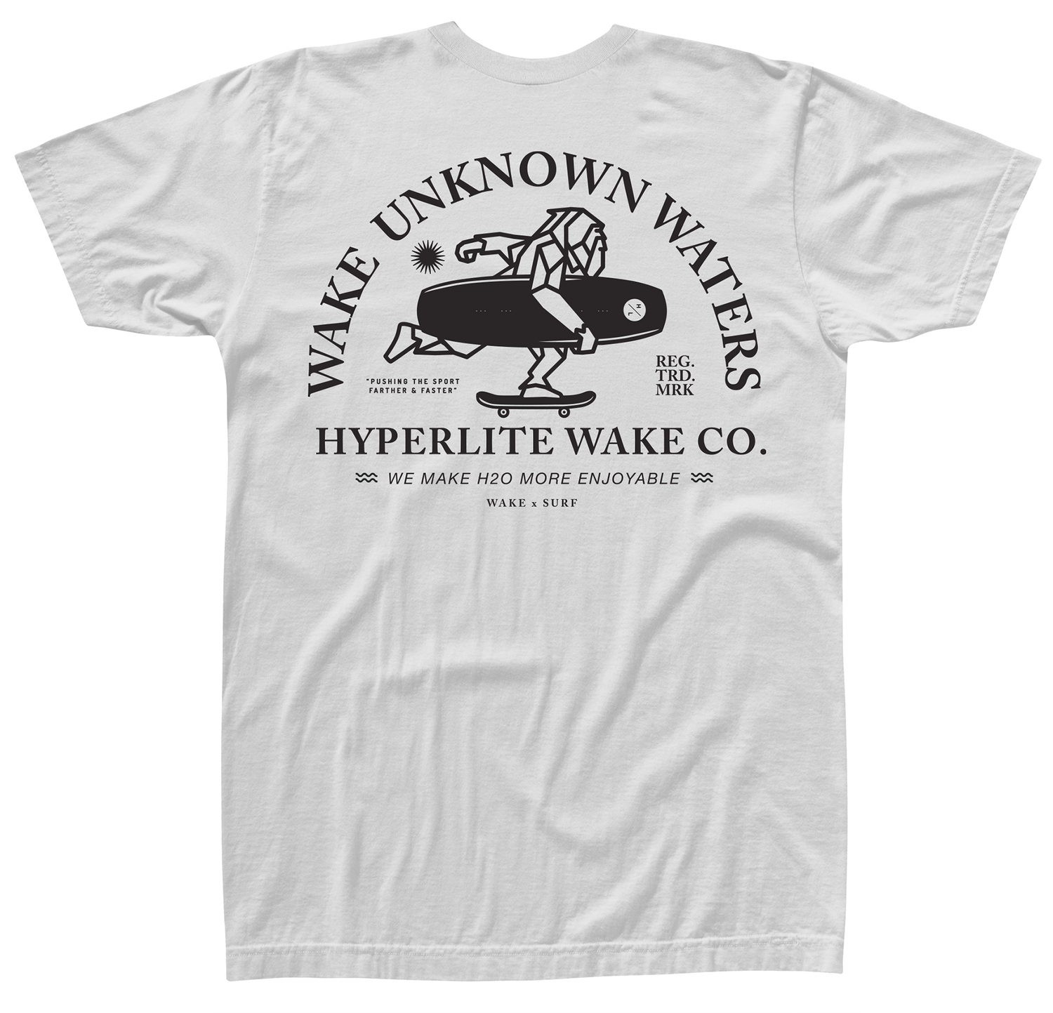 Rear view of a white t-shirt with large black logo that states wake unknown waters, pushing the sport farther & faster, REG. TRD. MRK, Hyperlite Wake Co. , we make H20 more enjoyable, wake x surf with an image an artistically drawn yeti skateboarding while carrying a Hyperlite wakeboard. 