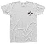 Front view of a white t-shirt with a small image of an artistically drawn yeti skateboarding while carrying a Hyperlite wakeboard on the left chest.