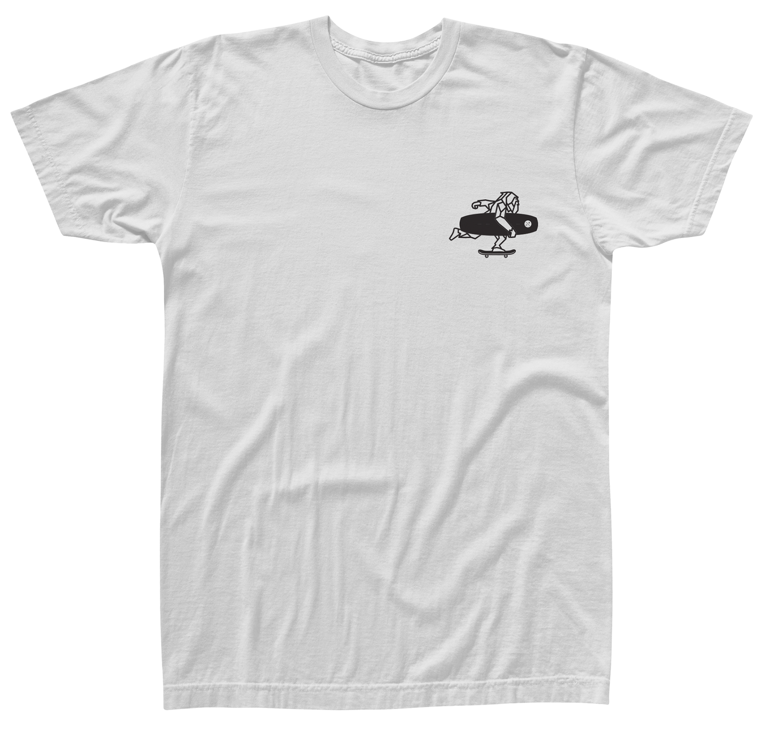 Front view of a white t-shirt with a small image of an artistically drawn yeti skateboarding while carrying a Hyperlite wakeboard on the left chest.