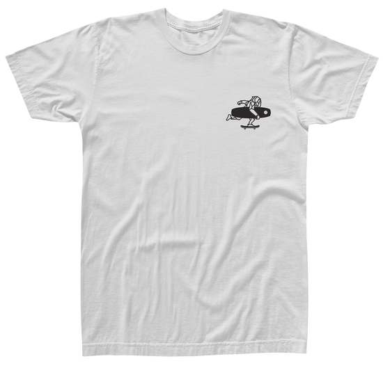 Front view of a white t-shirt with a small image of an artistically drawn yeti skateboarding while carrying a Hyperlite wakeboard on the left chest.
