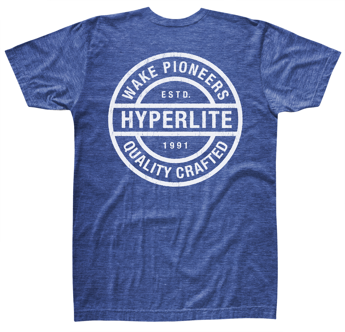 Back view of a royal blue short-sleeve t-shirt with a large white circular graphic that reads ‘Wake Pioneers, Hyperlite, Quality Crafted, Estd. 1991.