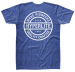 Back view of a royal blue short-sleeve t-shirt with a large white circular graphic that reads ‘Wake Pioneers, Hyperlite, Quality Crafted, Estd. 1991.