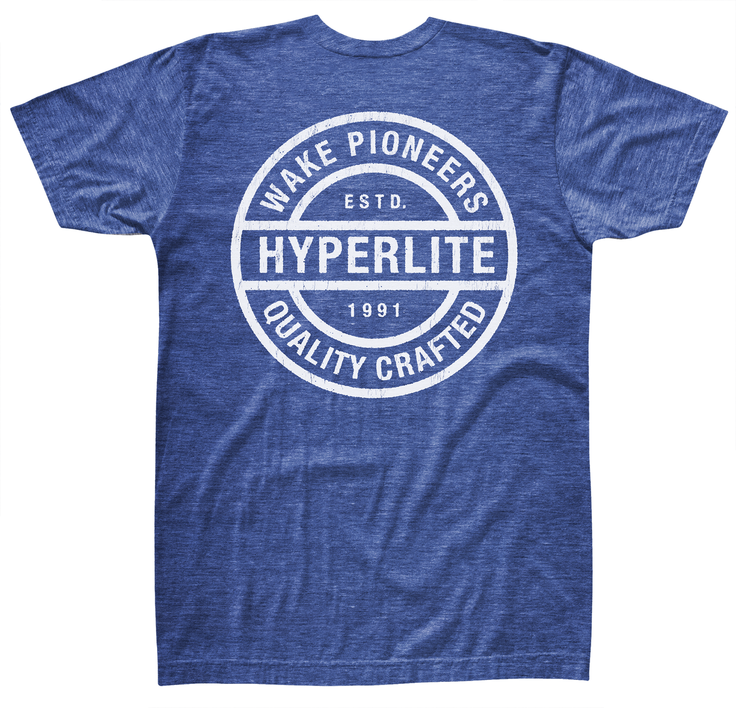 Back view of a royal blue short-sleeve t-shirt with a large white circular graphic that reads ‘Wake Pioneers, Hyperlite, Quality Crafted, Estd. 1991.