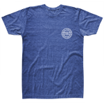 Front view of a blue t-shirt with a white circle logo on the left chest that says Hyperlite, Wake Pioneers, Quality crafted, EST 1991.