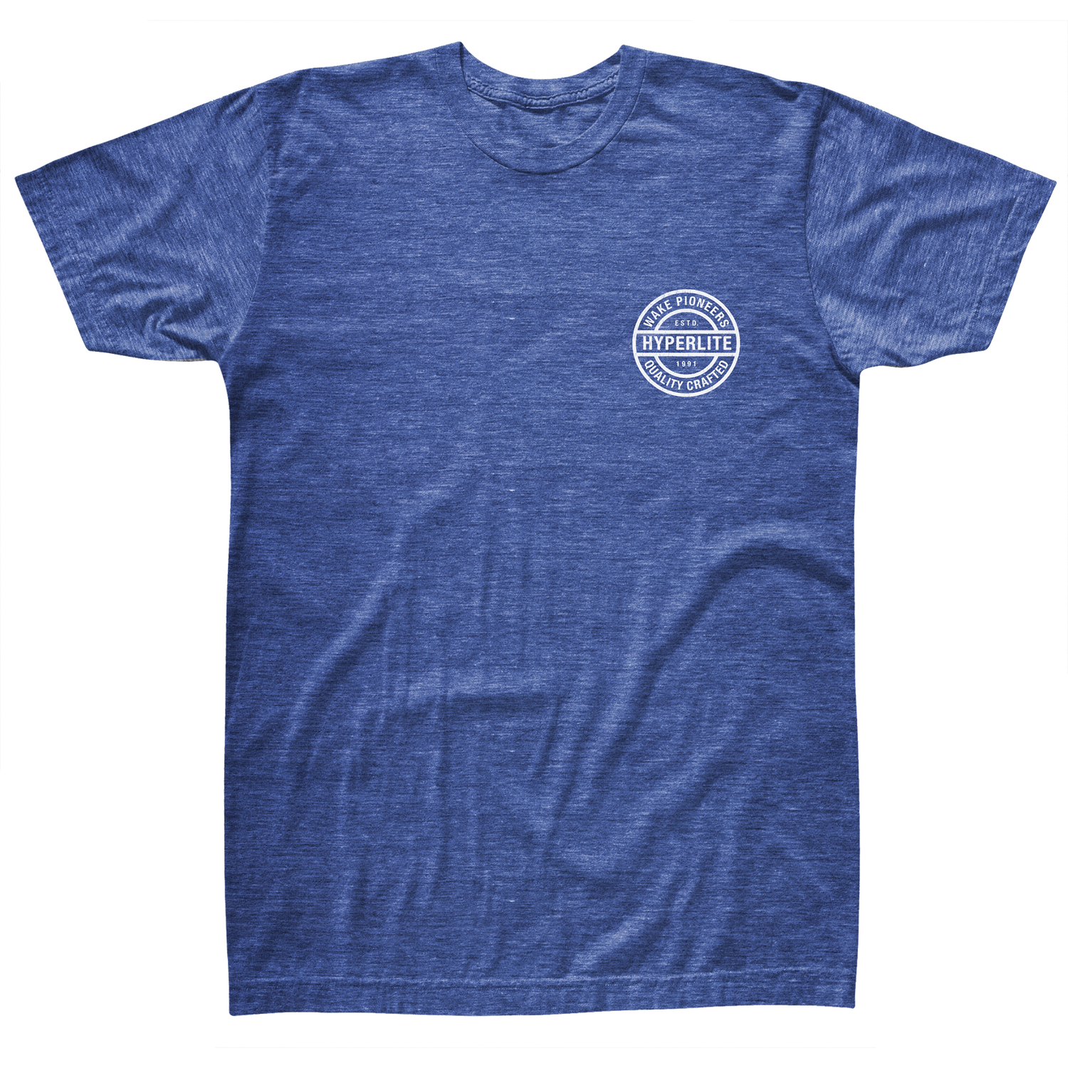 Front view of a blue t-shirt with a white circle logo on the left chest that says Hyperlite, Wake Pioneers, Quality crafted, EST 1991.