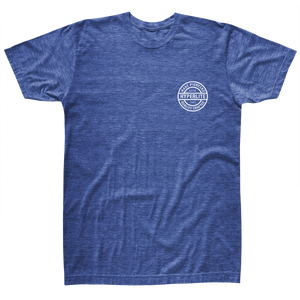 Front view of a blue t-shirt with a white circle logo on the left chest that says Hyperlite, Wake Pioneers, Quality crafted, EST 1991.