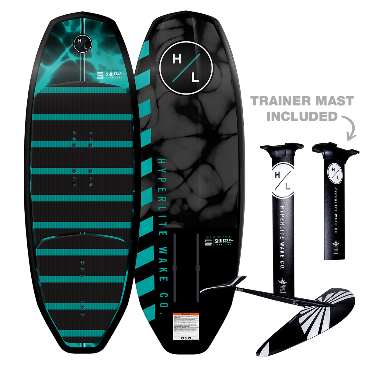 Top and bottom view of Shuttle board with teal and black design, foil kit, and two black masts.