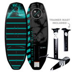 Top and bottom view of Shuttle board with teal and black design, foil kit, and two black masts.