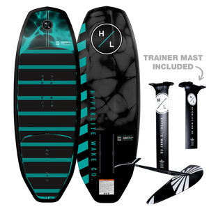 Top and bottom view of Shuttle board with teal and black design, foil kit, and two black masts.