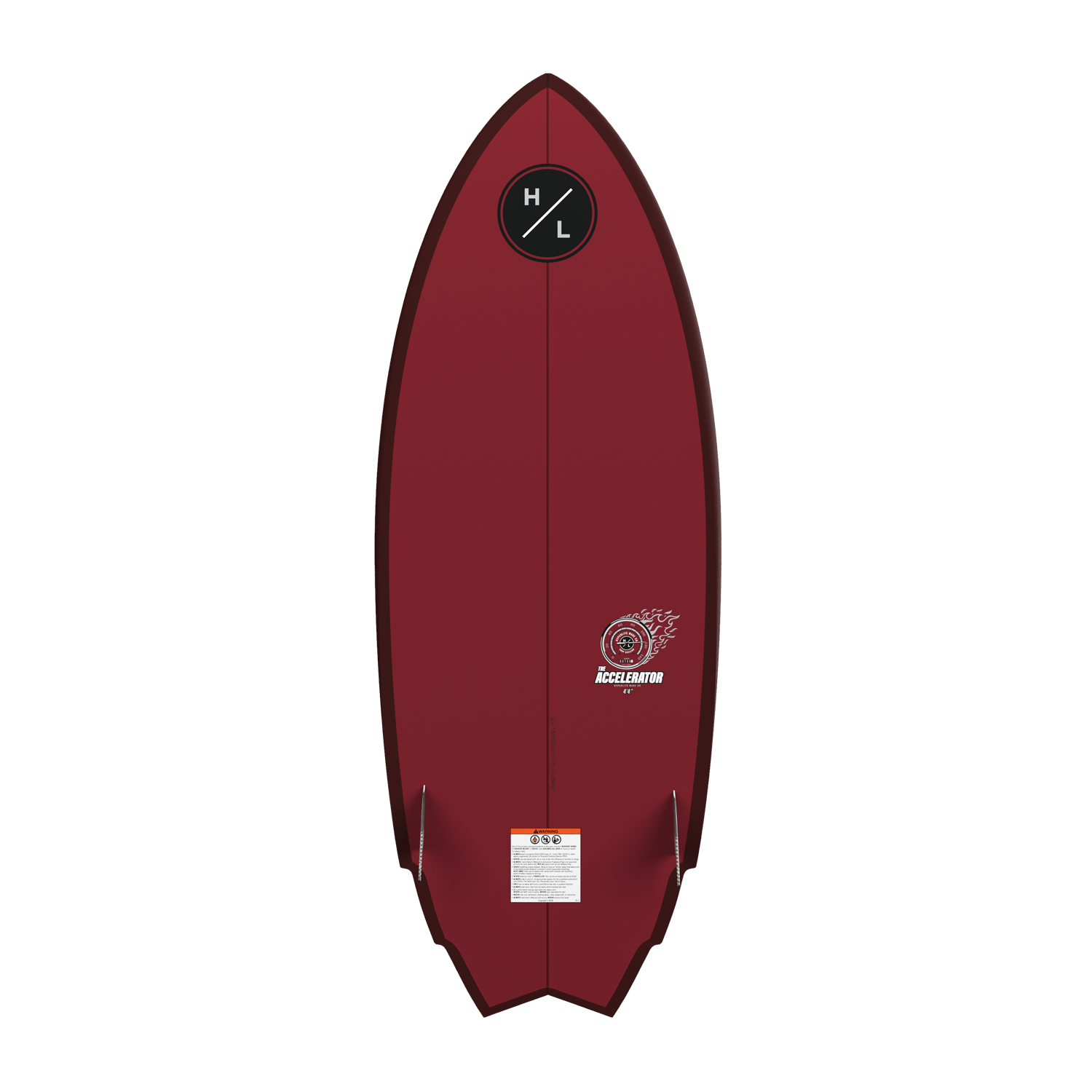 Base view of red Accelerator wakesurf board with fins and logo near nose.