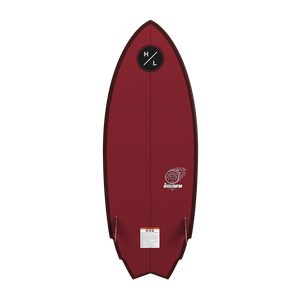 Base view of red Accelerator wakesurf board with fins and logo near nose.