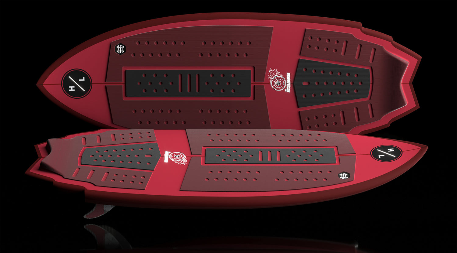 Side-by-side view of two Accelerator wakesurf boards showing top and base.