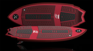 Side-by-side view of two Accelerator wakesurf boards showing top and base.