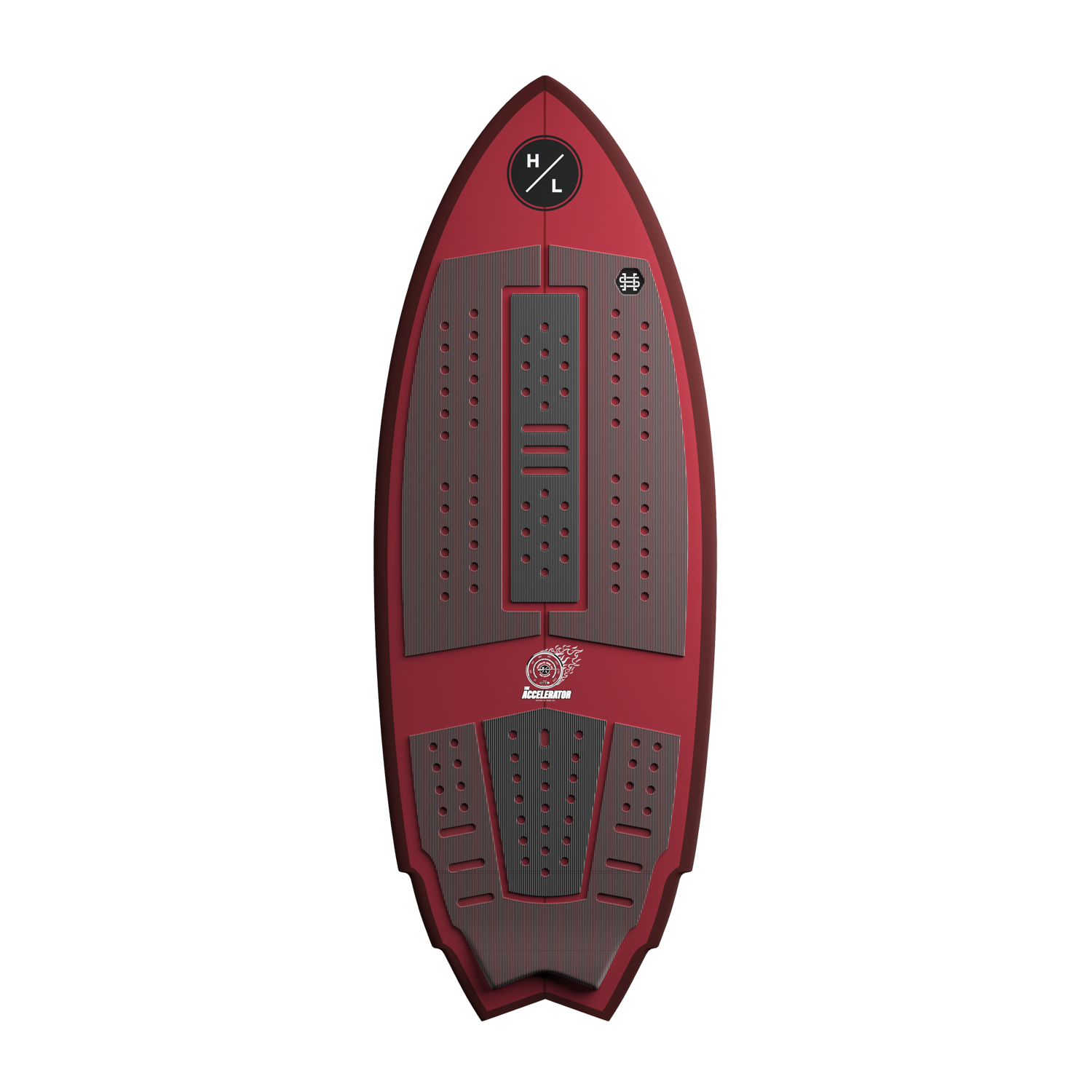 Top view of Accelerator wakesurf board with textured black traction pads.