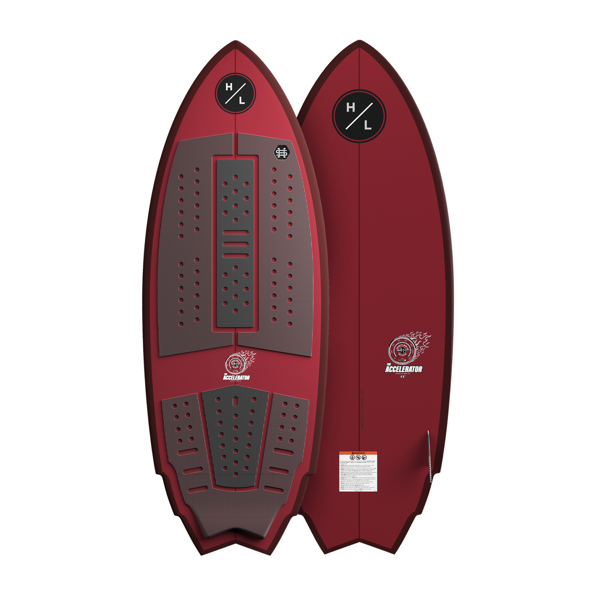Front and back view of Accelerator wakesurf board with red base and black pads.