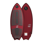 Front and back view of Accelerator wakesurf board with red base and black pads.