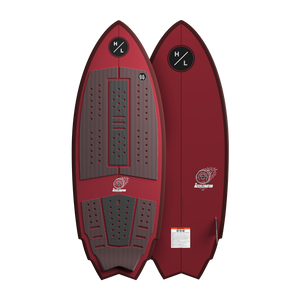 Front and back view of Accelerator wakesurf board with red base and black pads.