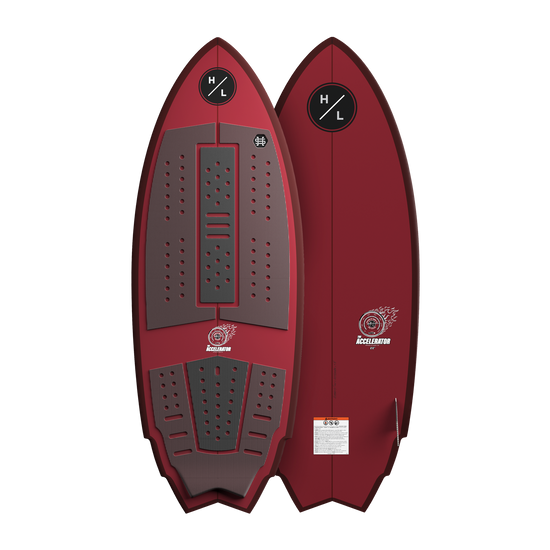 Front and back view of Accelerator wakesurf board with red base and black pads.