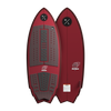 Front and back view of Accelerator wakesurf board with red base and black pads.