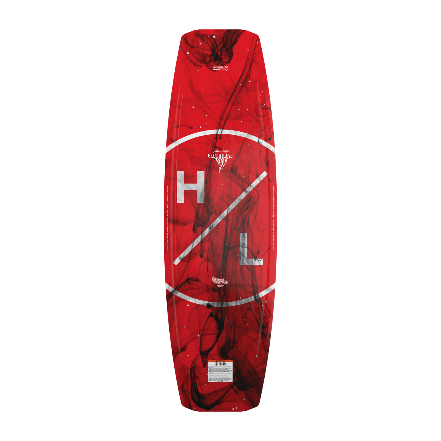 Base view of Bloodline wakeboard with bold red HL logo and black smoke artwork.