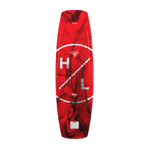Bottom view of red Bloodline wakeboard with black smoke design and HL circle logo.