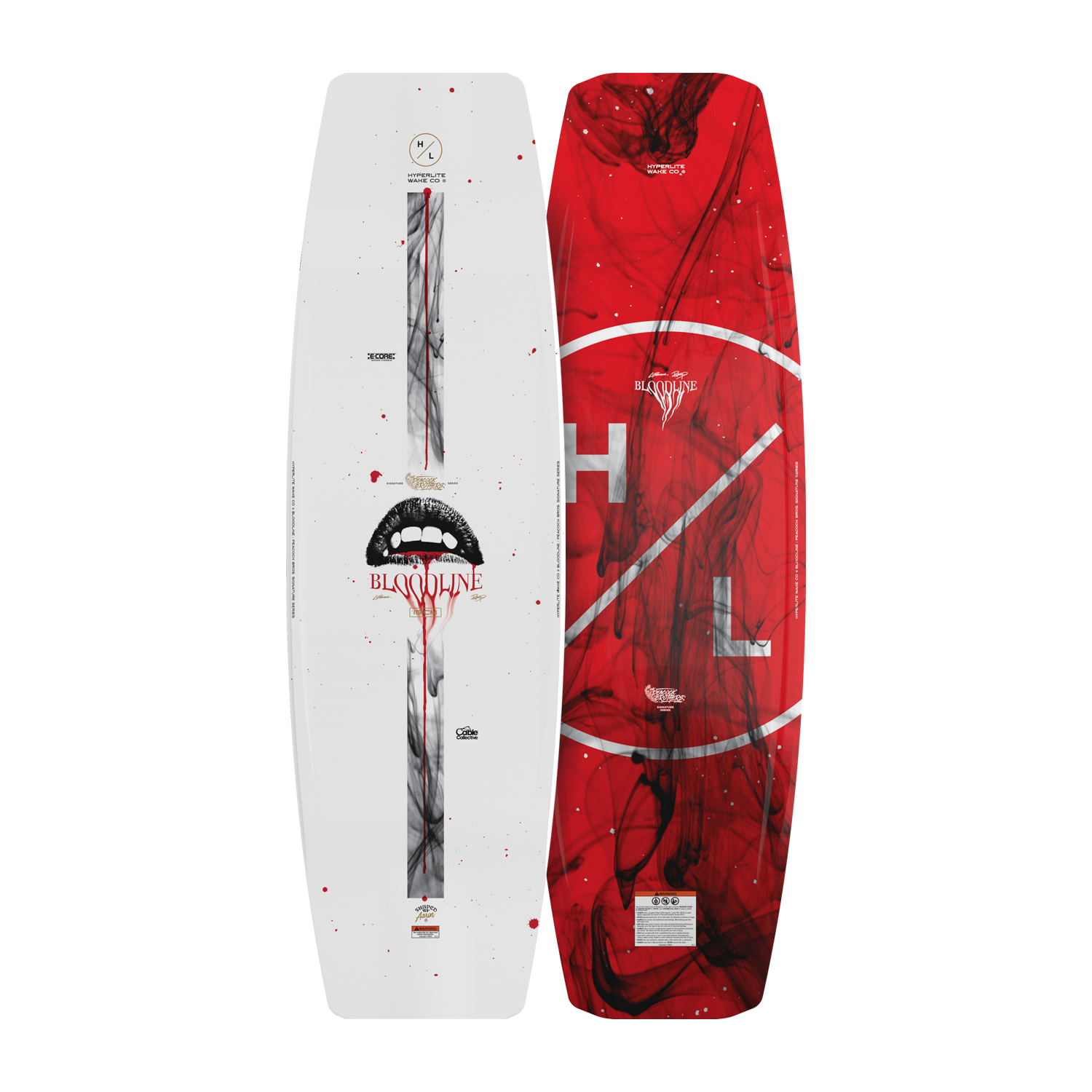 Top and base view of Bloodline wakeboard with white fanged mouth top and red HL logo base.