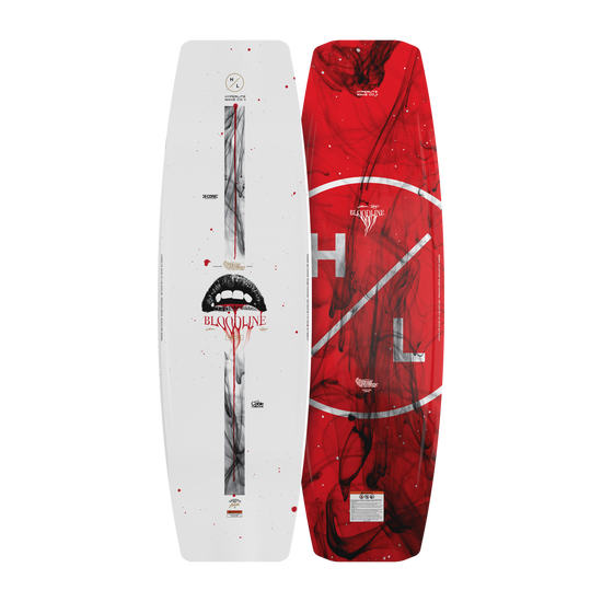 Top and base view of Bloodline wakeboard with white fanged mouth top and red HL logo base.