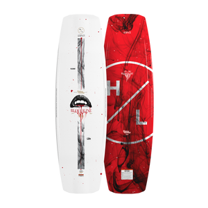 Top and bottom view of Bloodline wakeboard with red and white smoke design and logo graphics.