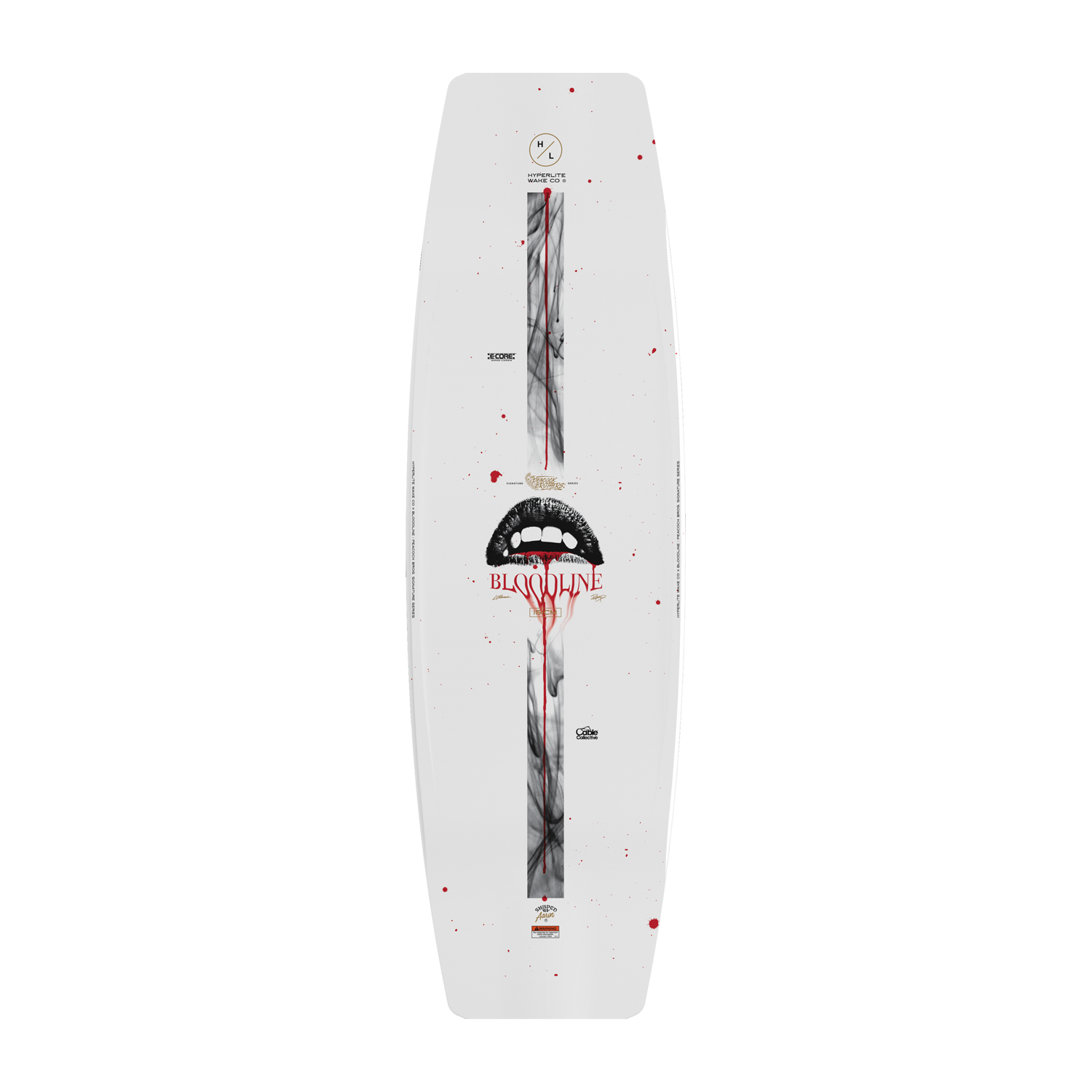 Top view of Bloodline wakeboard featuring fanged mouth graphic and smoke detail.