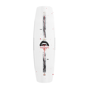 Top view of white Bloodline wakeboard with black lips graphic and red smoke pattern.