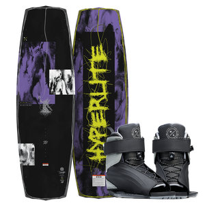 Top and bottom view of Blueprint wakeboard in black and purple with yellow logo and black Session bindings.