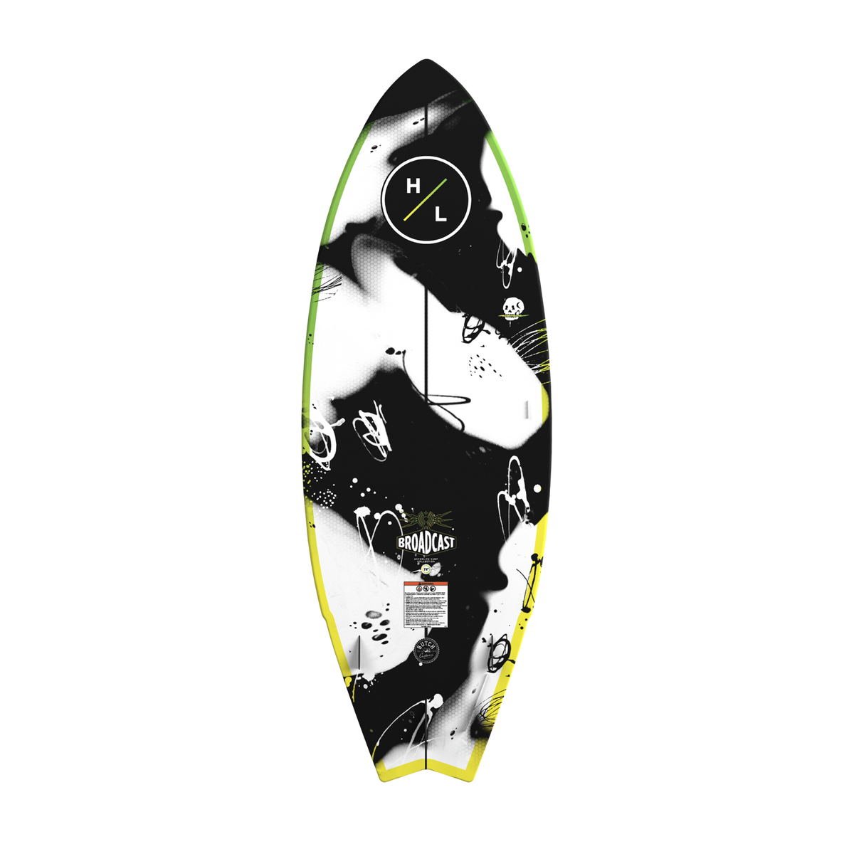 Base view of Broadcast wakesurf board in black and white abstract graphics.