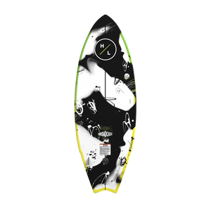 Base view of Broadcast wakesurf board in black and white abstract graphics.