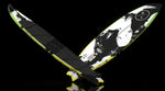 Angled top and bottom view of Broadcast wakesurf board with abstract artwork.