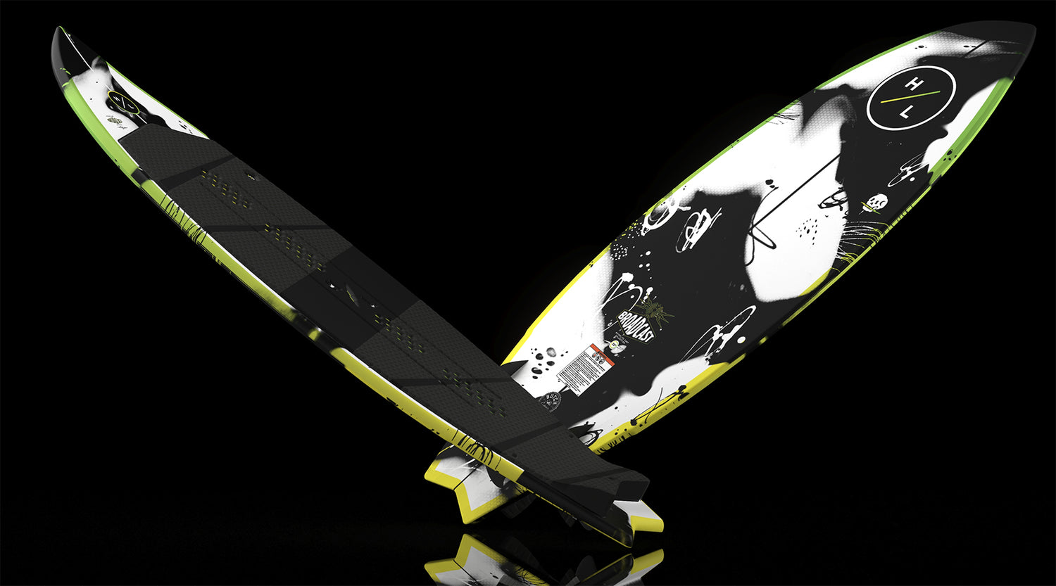 Angled top and bottom view of Broadcast wakesurf board with abstract artwork.