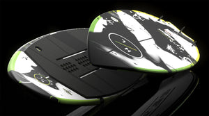 Angled side view of two Broadcast wakesurf boards showing fins, pad, and graphics.