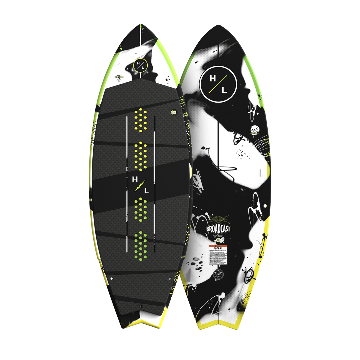 Top and base view of Broadcast wakesurf board with black pad and yellow accents.