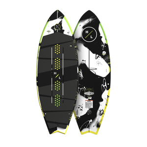 Top and base view of Broadcast wakesurf board with black pad and yellow accents.