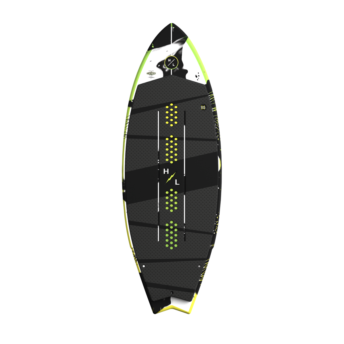Top view of Broadcast wakesurf board with black traction pad and logo details.