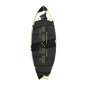 Top view of Broadcast wakesurf board with black traction pad and logo details.