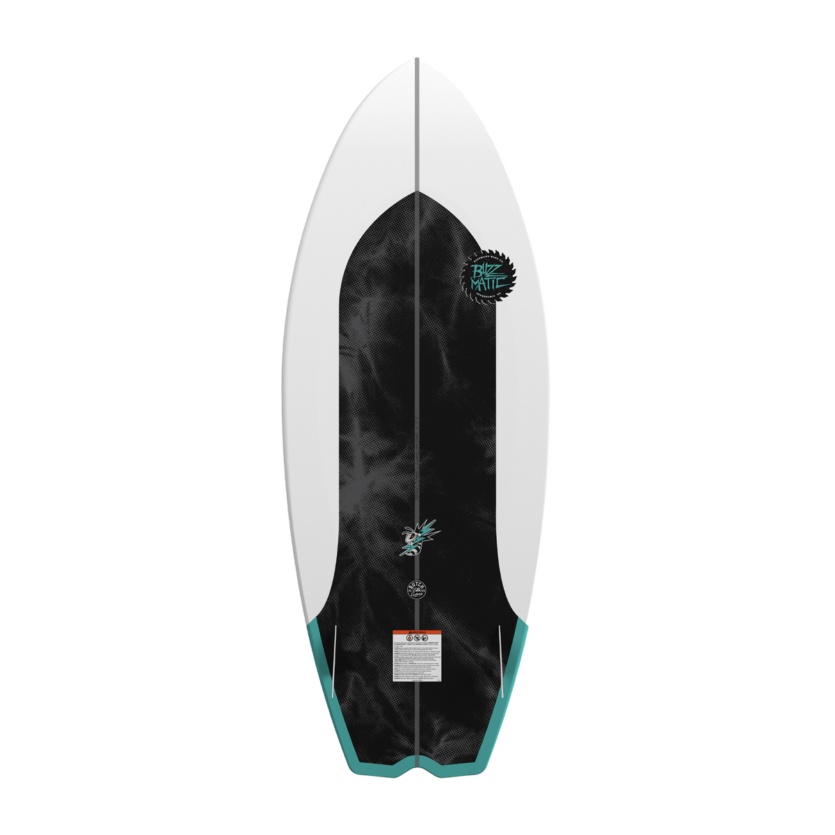 Base view of Buzzmatic wakesurf board with black center graphic and teal fins.