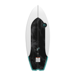 Base view of Buzzmatic wakesurf board with black center graphic and teal fins.
