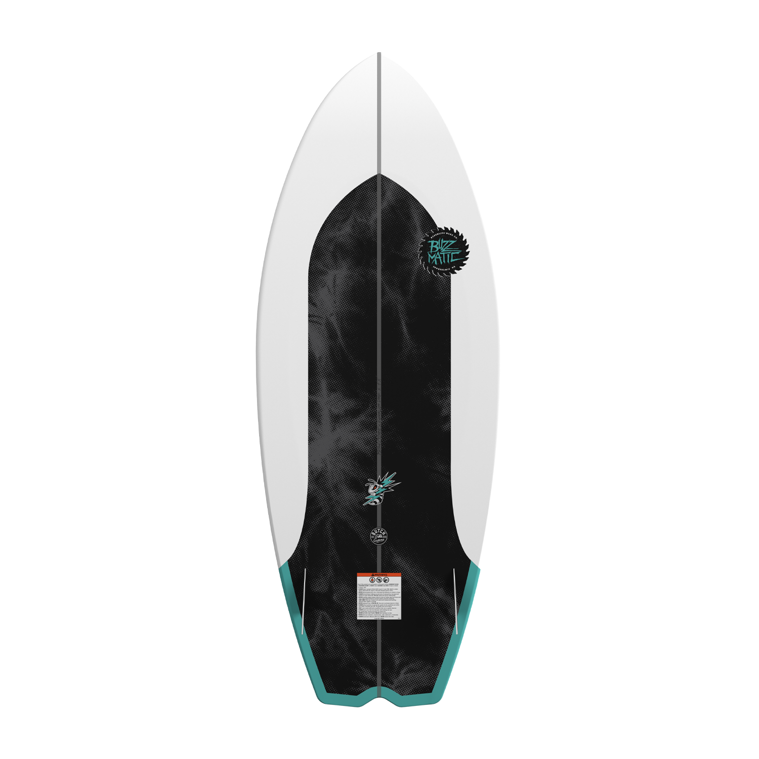 Base view of Buzzmatic wakesurf board with black center graphic and teal fins.