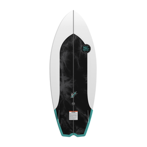 Base view of Buzzmatic wakesurf board with black center graphic and teal fins.