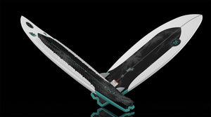 Angled pair of Buzzmatic wakesurf boards showing black traction pad and black base.