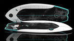 Angled pair of Buzzmatic boards, one top up with pad, one base up with graphic.