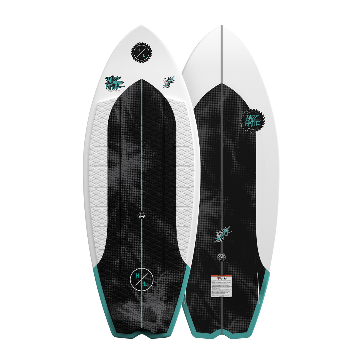 Top and base view of Buzzmatic wakesurf board with black traction pad and teal fins.
