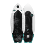 Top and base view of Buzzmatic wakesurf board with black traction pad and teal fins.