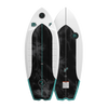 Top and base view of Buzzmatic wakesurf board with black traction pad and teal fins.