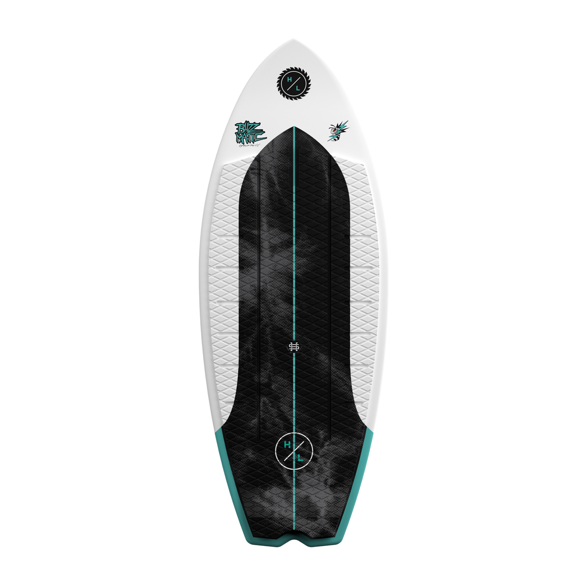 Top view of Buzzmatic wakesurf board with black traction pad and teal accents.